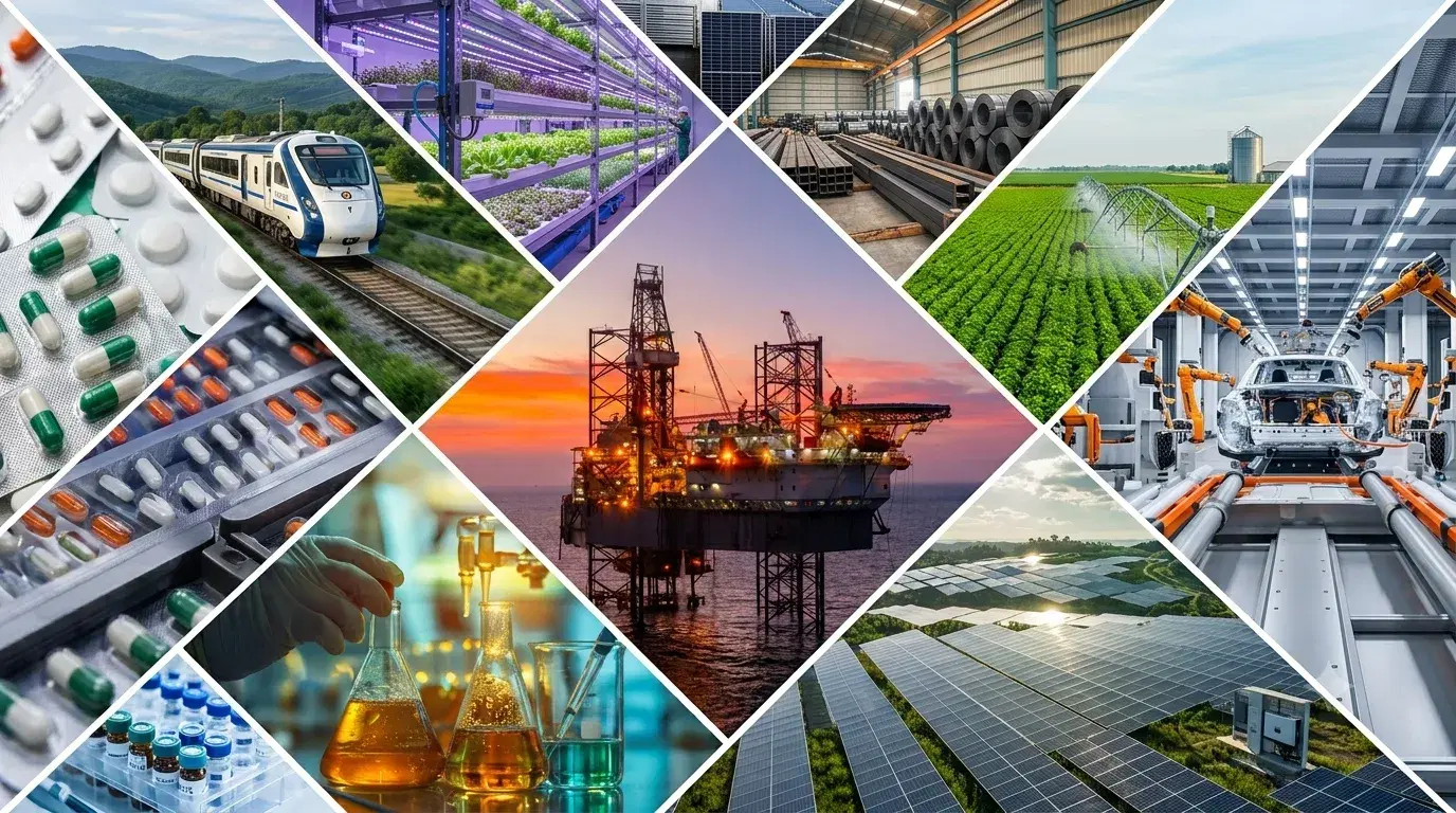 Collage of the industries Innovation Nexus serves — pharmaceuticals, rail, agriculture, steel, oil and gas, solar power and automotive manufacturing
