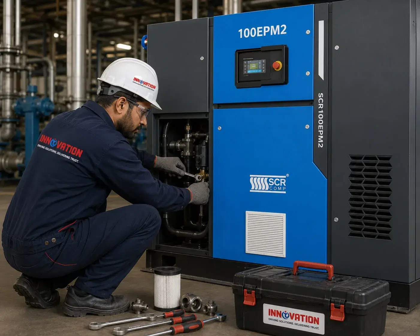 Innovation Nexus engineer servicing an SCR screw air compressor on site