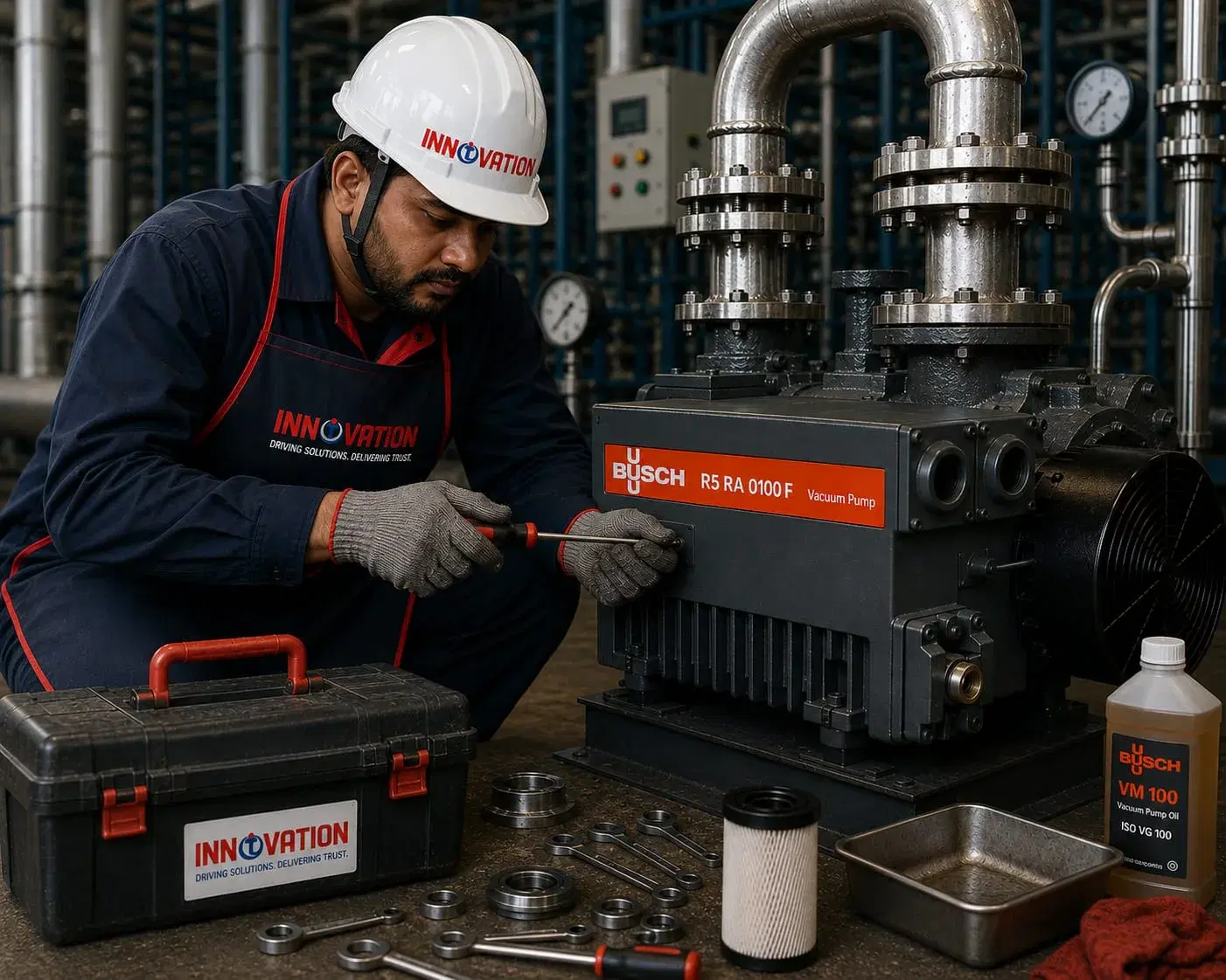 Innovation Nexus engineer servicing a Busch R5 rotary vane vacuum pump